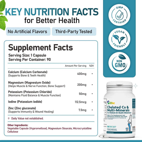 Nutrition facts label of Chelated Calcium Magnesium Zinc Multimineral Capsules For Strong Bones And Teeth, 4 Pack Of 90 Capsules