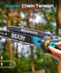 Dual-Bar Cordless Mini Chainsaw With 6 And 8 Inch Guide Bars, 1000W Brushless Handheld Wood Cutter shown in use outdoors