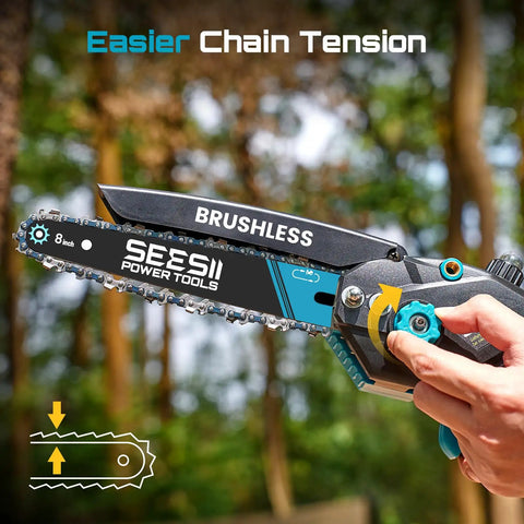 Dual-Bar Cordless Mini Chainsaw With 6 And 8 Inch Guide Bars, 1000W Brushless Handheld Wood Cutter shown in use outdoors