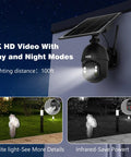 Wireless Outdoor Solar Security Cam With 360 Degree PTZ And Spotlight mounted on wall, showcasing night vision capabilities.
