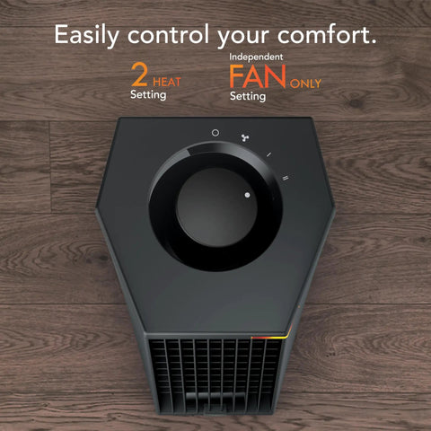 Top view of the Rise 12H Personal Desk Heater For Small Rooms And Office, 2 Heat Settings, Manual Dial, Black finish on wood surface.