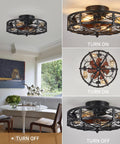 Rustic Black Caged Flush Mount Ceiling Fan With Lights And Remote, showing different angles and light settings in dining room.