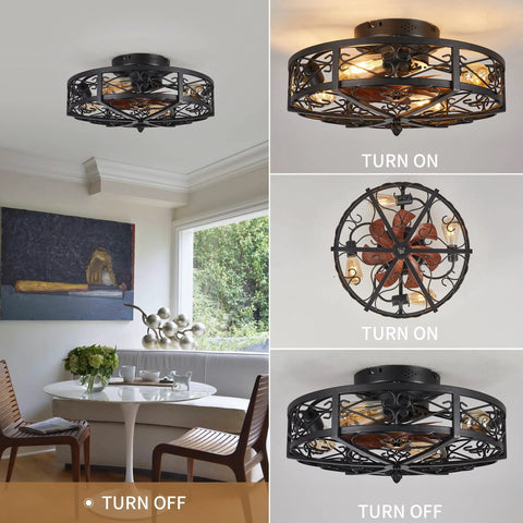 Rustic Black Caged Flush Mount Ceiling Fan With Lights And Remote, showing different angles and light settings in dining room.