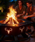 Group of friends enjoying 2 In 1 Backyard Fire Pit And Grill For Outdoor Gatherings, Wood Burning Patio Fire Pit at night