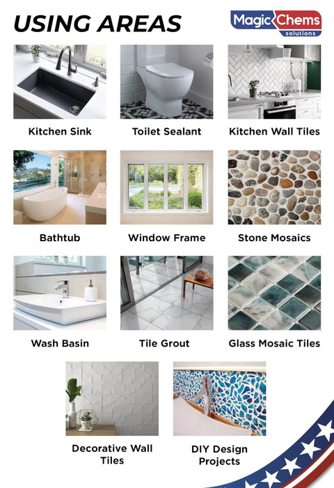 Grid showing various home areas where Grout Repair Kit White 8.8 Oz Quick Dry Tile Grout Filler Tube Restore is used, like kitchen and bathroom tiles.