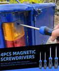 Person using screwdriver on vehicle light from 4PCS magnetic screwdriver set with non-slip handle for indoor and outdoor use.