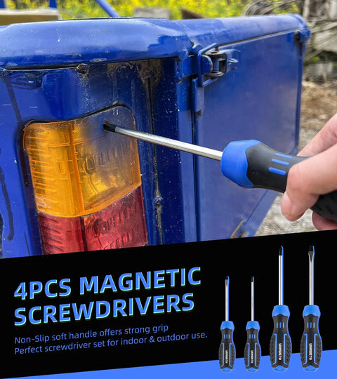 Person using screwdriver on vehicle light from 4PCS magnetic screwdriver set with non-slip handle for indoor and outdoor use.