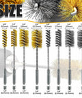 Eight Piece Bore Brush Set For Drills With 304 Stainless Steel And Brass Brushes One Quarter Inch Hex Shanks Fits Three Eighths Inch One Half Inch Three Quarters Inch And Seven Eighths Inch Bore Cleaning For Ports Tubes Bearings displaying brush sizes