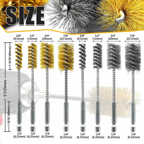 Eight Piece Bore Brush Set For Drills With 304 Stainless Steel And Brass Brushes One Quarter Inch Hex Shanks Fits Three Eighths Inch One Half Inch Three Quarters Inch And Seven Eighths Inch Bore Cleaning For Ports Tubes Bearings displaying brush sizes