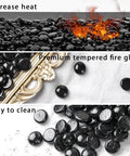 10Lb Black Reflective Fire Pit Glass Rocks For Propane Fire Pit Landscaping, Round Luminescent Glass Beads To Boost Heat And Create Enchanting Backyard Glow, Premium Tempered Fire Glass For Outdoor Living And Easy Heat Boost displayed in three sections showing flames, beads surface, and cleaning ease