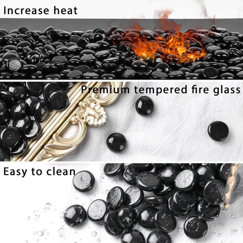 10Lb Black Reflective Fire Pit Glass Rocks For Propane Fire Pit Landscaping, Round Luminescent Glass Beads To Boost Heat And Create Enchanting Backyard Glow, Premium Tempered Fire Glass For Outdoor Living And Easy Heat Boost displayed in three sections showing flames, beads surface, and cleaning ease