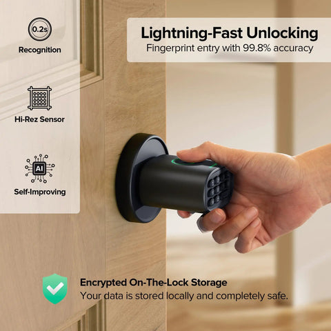 Person using Fingerprint Door Knob With Keypad And Biometric Unlock, Three In One Keyless Entry For Interior Doors, Auto Lock After Inactivity