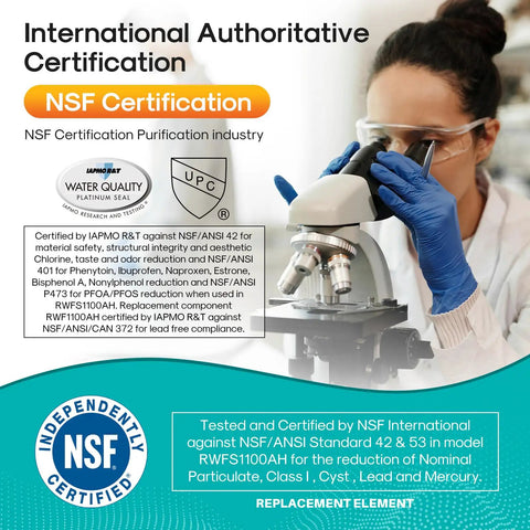 International authoritative NSF certification with laboratory testing, highlighting efficacy of filters in purifying water contaminants.