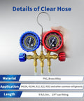 Set of 3 clear refrigerant charging hoses, 5 ft long, with brass 1/4 in flare fittings