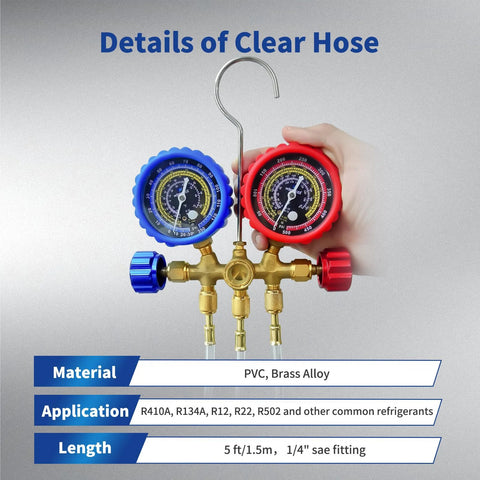 Set of 3 clear refrigerant charging hoses, 5 ft long, with brass 1/4 in flare fittings