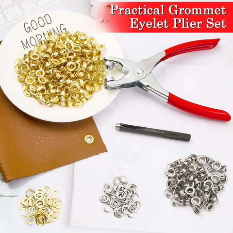 Complete 1200 Piece Pro Grade Grommet Eyelet Kit For Fabric And Leather Projects With Plier Hole Punch And 600 Silver And Gold Eyelets Plus 600 Washers One Quarter Inch Grommets Six Millimeter Set For Belts Clothing And DIY Repairs shown with gold and silver eyelets and red-handled pliers