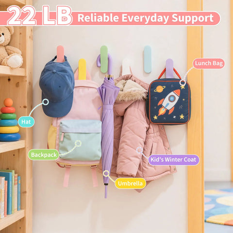 Gotta Love These Sweet Wall Hooks For Backpacks And Kids Rooms Six Pack Dreamy Rainbow Macaron Colors showing hat, backpack, and coat.