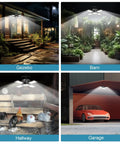 Total Game Changer Solar Shed Light With Motion Sensor Lamp illuminating gazebo, barn, hallway, and garage settings.