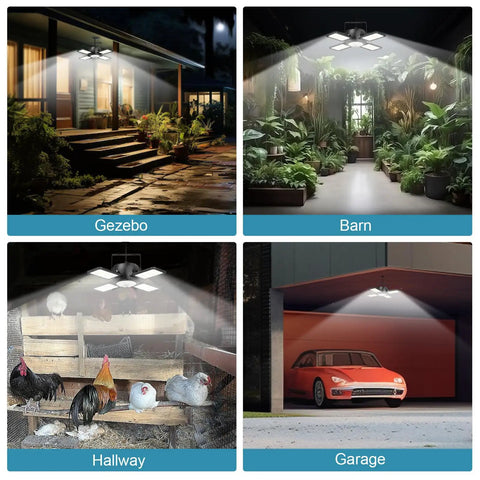 Total Game Changer Solar Shed Light With Motion Sensor Lamp illuminating gazebo, barn, hallway, and garage settings.