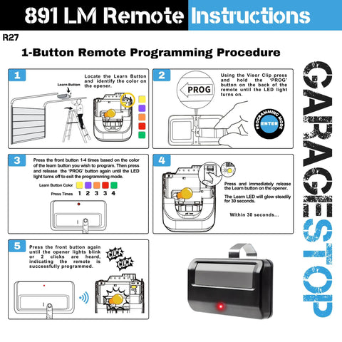 Infographic showing 891LM remote programming steps with image of Two Pack 891LM Universal Garage Door Opener Remote Replacement.