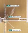 Extra Wide Baby Gate For Stairs And Doorways, Auto Close feature, top view showing gate open at 90 and 180 degrees on wooden floor