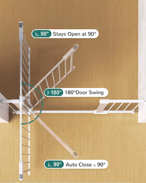 Extra Wide Baby Gate For Stairs And Doorways, Auto Close feature, top view showing gate open at 90 and 180 degrees on wooden floor