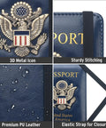 Close-up of RFID Blocking Passport Holder Travel Wallet With Vaccine Card Slot Waterproof Leather US Passport Cover, 3D eagle emblem, PU leather.