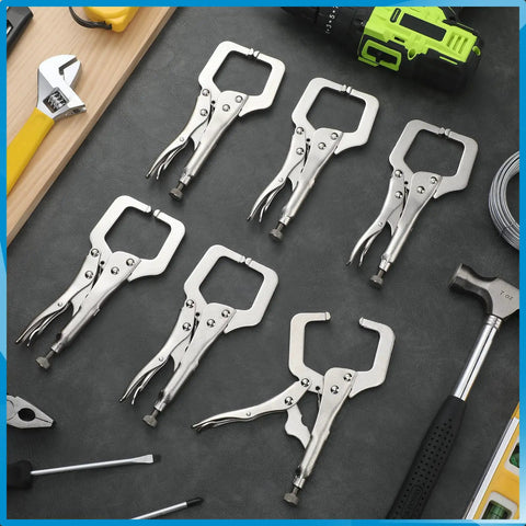 Six Inch Locking C Clamp Set, 6 Pack, Adjustable Alloy Steel C Clamps on table with tools, Durable Silver Finish