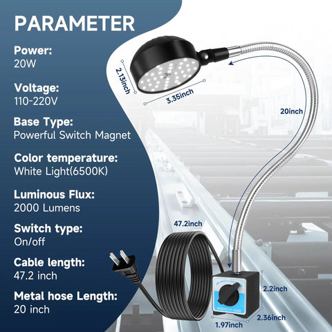 Diagram of Ultra Bright 2000 Lumen LED Magnetic Work Light with 20 Inch Gooseneck, showing dimensions and specifications