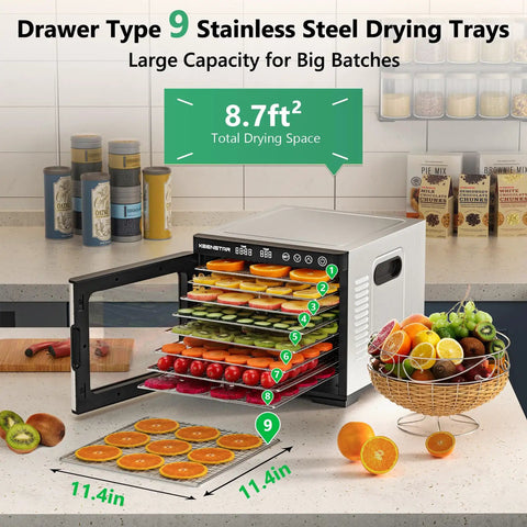 Sweet 9 Tray Stainless Steel Food Dehydrator With Digital Timer And Temperature Control showcasing drying trays with fruit