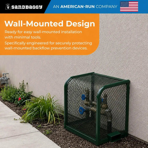 Rock Solid 24x24x12 Wall Mount Backflow Security Cage Heavy Duty Green Steel Enclosure For Outdoor Plumbing Gear, wall-mounted design with blue valves.