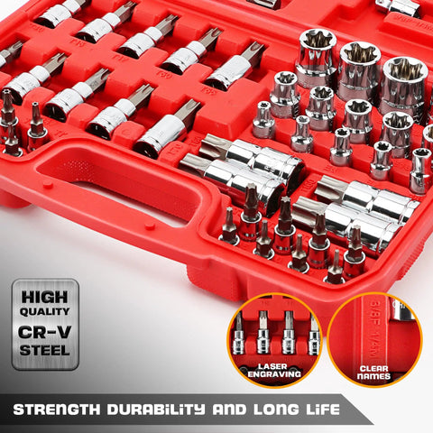 Torx Socket Set With Quarter Inch Three Eighths Inch And Half Inch External Heavy Duty Sockets 53 Piece Kit in red case