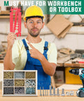 Man in workshop holding Quick Bolt Sizer Tool for Nuts and Bolts, Metric and SAE Gauge, with tool storage and bolts in the foreground.