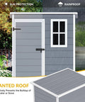 5x3 Ft Outdoor Storage Shed With Floor All Weather Resin Construction Window And Lockable Door Waterproof Plastic Tool Storage For Garden Patio Gray Durable, front view with slanted roof detail, showcasing rainproof and sun protection features.