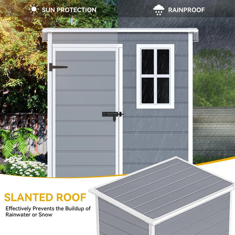 5x3 Ft Outdoor Storage Shed With Floor All Weather Resin Construction Window And Lockable Door Waterproof Plastic Tool Storage For Garden Patio Gray Durable, front view with slanted roof detail, showcasing rainproof and sun protection features.