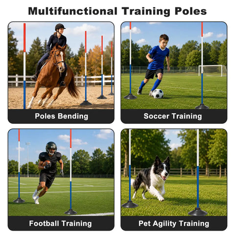 Multifunctional training with Six 6-Foot Adjustable Pole Bending Poles for Horses and Pups in various sports settings
