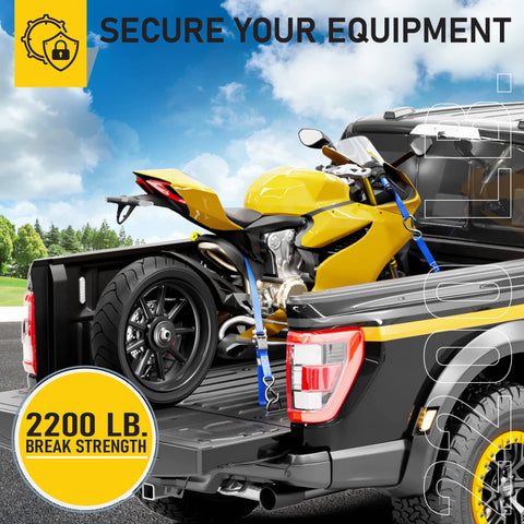Yellow motorcycle secured with Beefed Up Heavy Duty Ratchet Straps 4 Pack 15 Ft Each 2200 Lb Break Strength With Safety Lock S Hooks