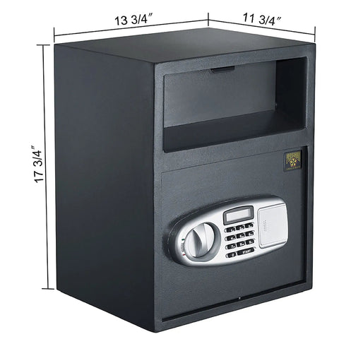 Drop Safe For Cash Drops With Digital Keypad And Two Manual Override Keys Wall Or Floor Mounted Electronic Safe Deposit Box For Home Or Office Security, black steel with dimensions