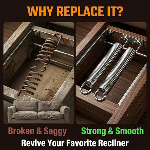 Built Tough Two Pack Heavy Gauge Steel Tension Springs Designed For Exact Seven Inch Hook To Hook Recliner Mechanism in side by side comparison.