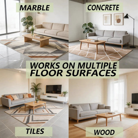 Living room with 16Pcs Rug Gripper Tape Set on marble, concrete, tiles, and wood floors with sofas and coffee tables