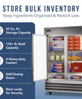 Heavy Duty Commercial 2 Door Stainless Steel Freezer 47 Cubic Feet Capacity with self-closing doors and adjustable shelves.
