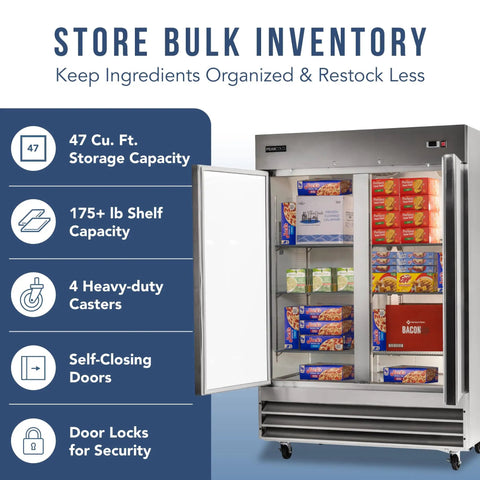 Heavy Duty Commercial 2 Door Stainless Steel Freezer 47 Cubic Feet Capacity with self-closing doors and adjustable shelves.