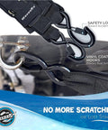Close-up of 4 Pack Transom Tie Down Straps For Boat Trailer with vinyl-coated hooks and safety locks