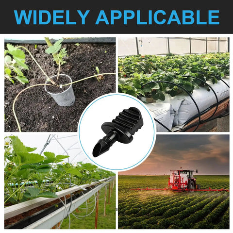 Collage showing uses of 50 Pieces Drip Irrigation End Plugs One Fourth Inch Barbed Tubing End Caps Kit in various garden setups.