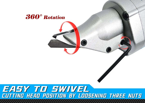 Close-up of electric metal shear swivel head, highlighting 360-degree rotation, part of Electric Metal Shear for Sheet Metal 14 Gauge 5.0 Amp Motor.