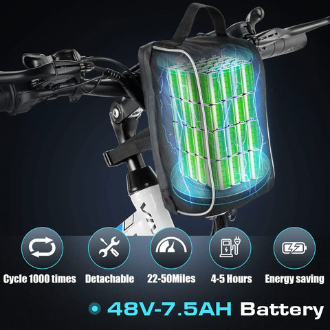 Foldable 750W Peak Electric Mountain Bike with 48V battery highlighted, 26 inch wheels, showcasing energy saving features.