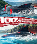 Fast Brushless RC Boat For Adults With Self Righting Hull shown flipping in water with realistic shark fins.