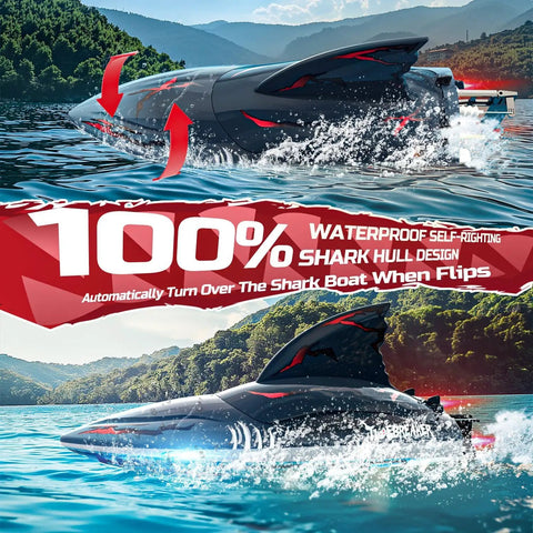 Fast Brushless RC Boat For Adults With Self Righting Hull shown flipping in water with realistic shark fins.