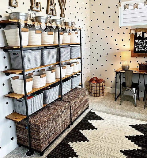 Industrial Retro Iron Pipe Shelf Kit Two Piece Open Bookshelf System with baskets in home office storage