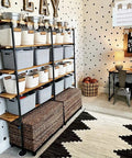5-Tier Pipe Shelf System For Wall Mount DIY Open Bookshelf With Hanging Brackets Built Tough For Kitchen Office Or Garage 68 Inches Tall Customizable Width Up To 60 Inches Wood Planks Not Included, styled with baskets and decor in polka dot room.
